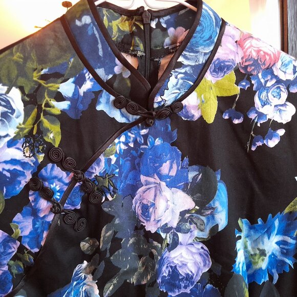 Cheongsam Dress Black Floral Pink Blue Rose Peony Flowers - Picture 5 of 11